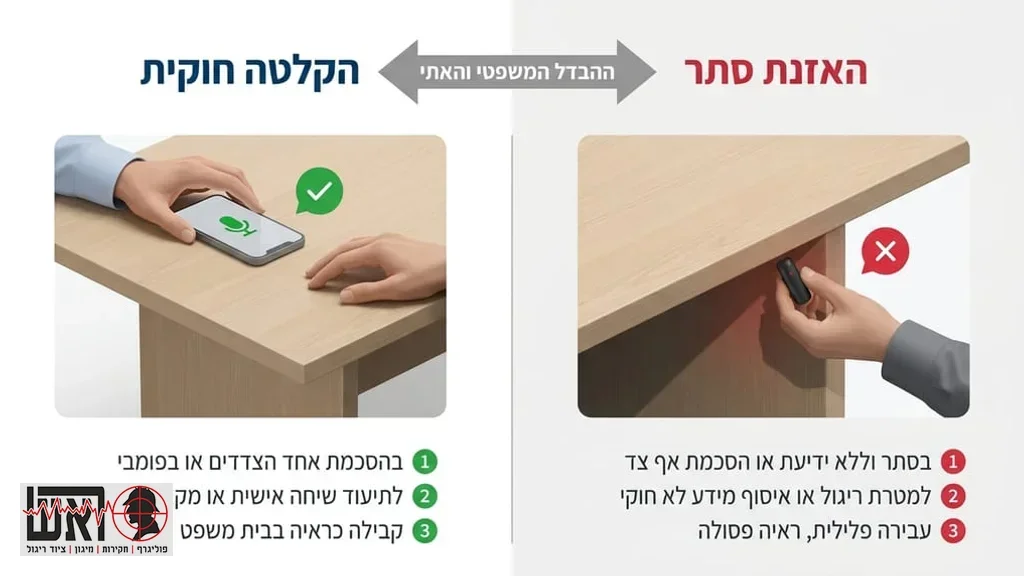 המחשה של ההבדל בין הקלטה חוקית להאזנת סתר בסביבת עבודה או פגישה. מתי הקלטת שיחה נחשבת להקלטה חוקית | משרד חקירות קבוצת ראש