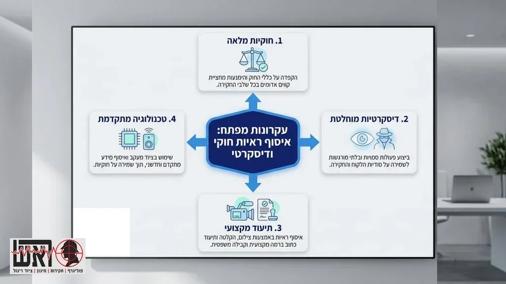 המחשה של חוקר פרטי האוסף ראיות בצורה חוקית ודיסקרטית, מתאים לחלק המדבר על חקירות אישיות ובגידות. עקרונות מפתח לאיסוף ראיות חוקי ודיסקרטי | חוקר פרטי קבוצת ראש